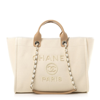 Chanel Canvas Pearl Medium Deauville Tote Ecru Beige 1 of 10