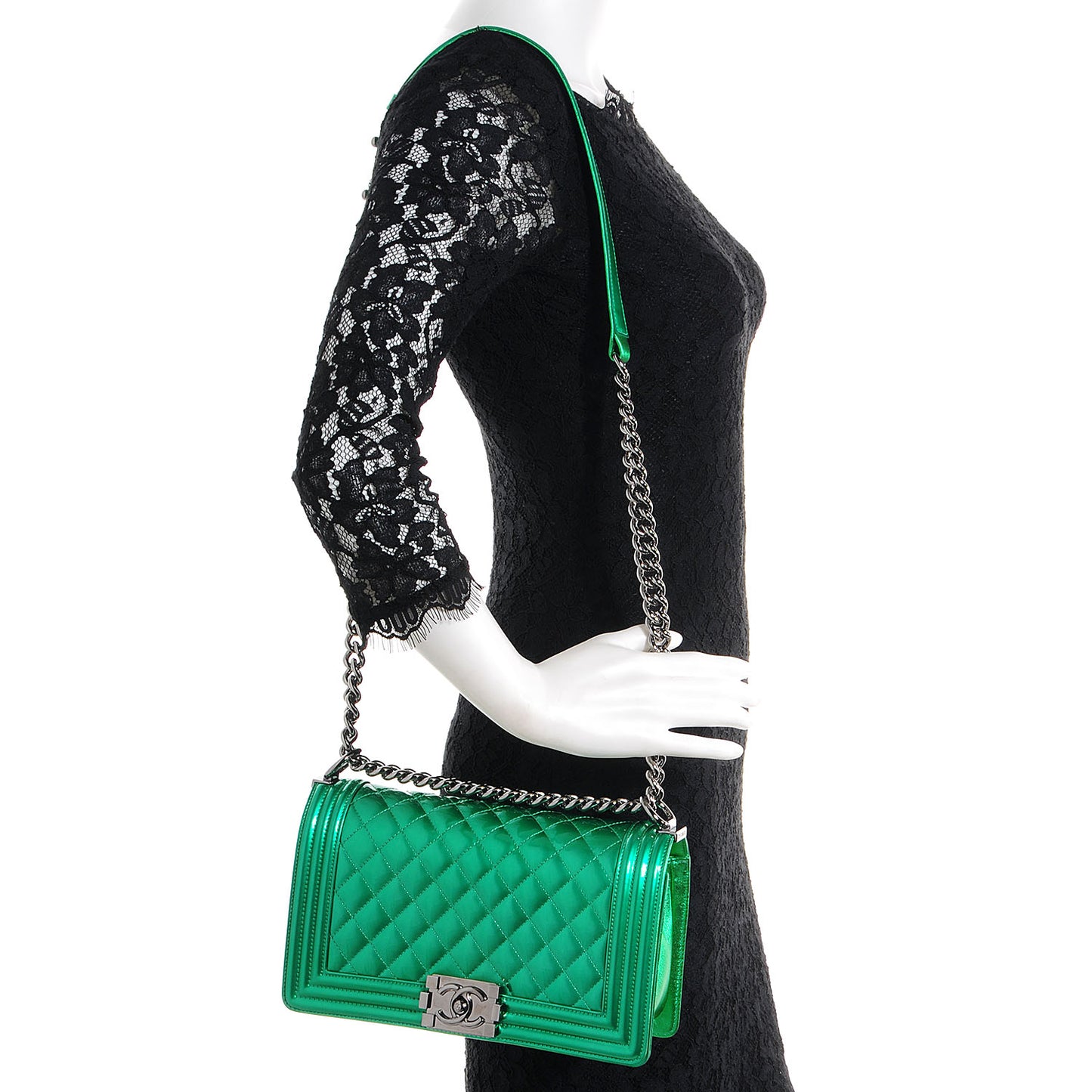 Metallic Patent Calfskin Medium Boy Flap Green