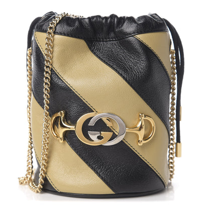 Gucci Calfskin Diagonal Striped Mini Zumi Bucket Bag Black Beige 1 of 9