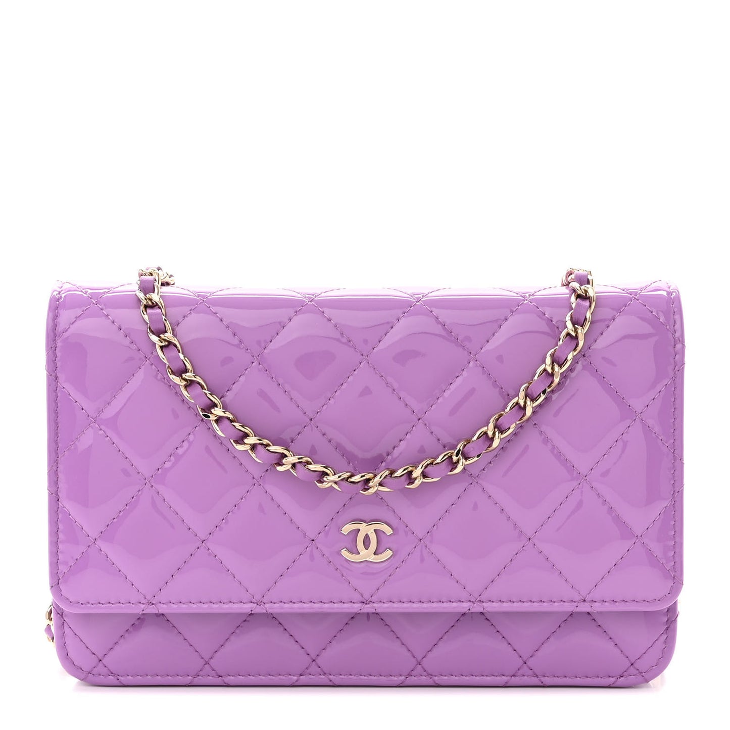 Patent Calfskin Quilted Wallet On Chain WOC Purple