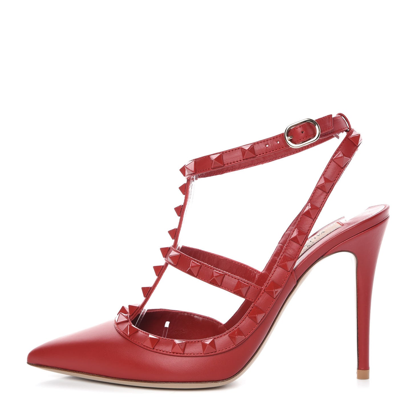 Calfskin Lacquered Monochrome Rockstud Ankle Strap 100mm Pumps 38 Rosso Valentino