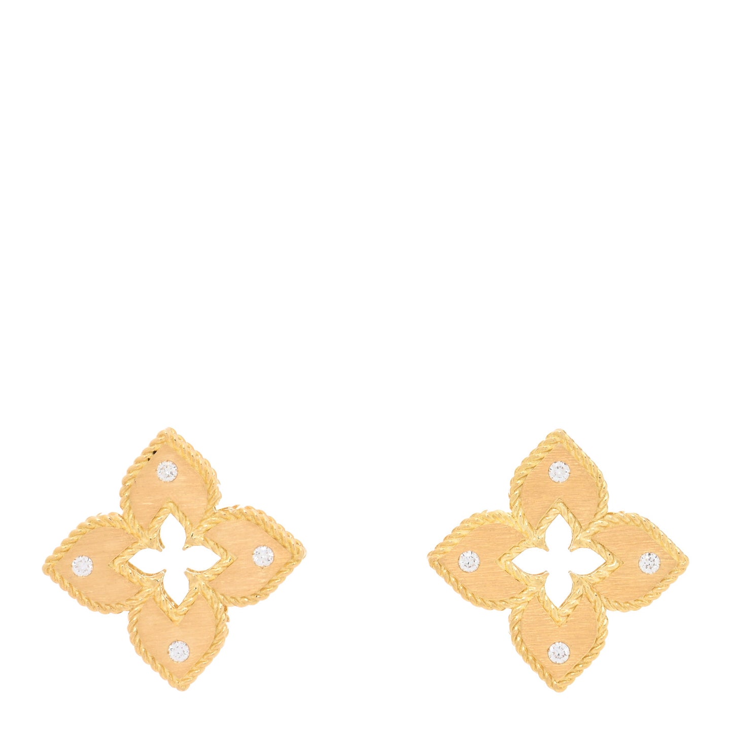 18K Yellow Gold Diamond Medium Venetian Princess Satin Finish Flower Stud Earrings