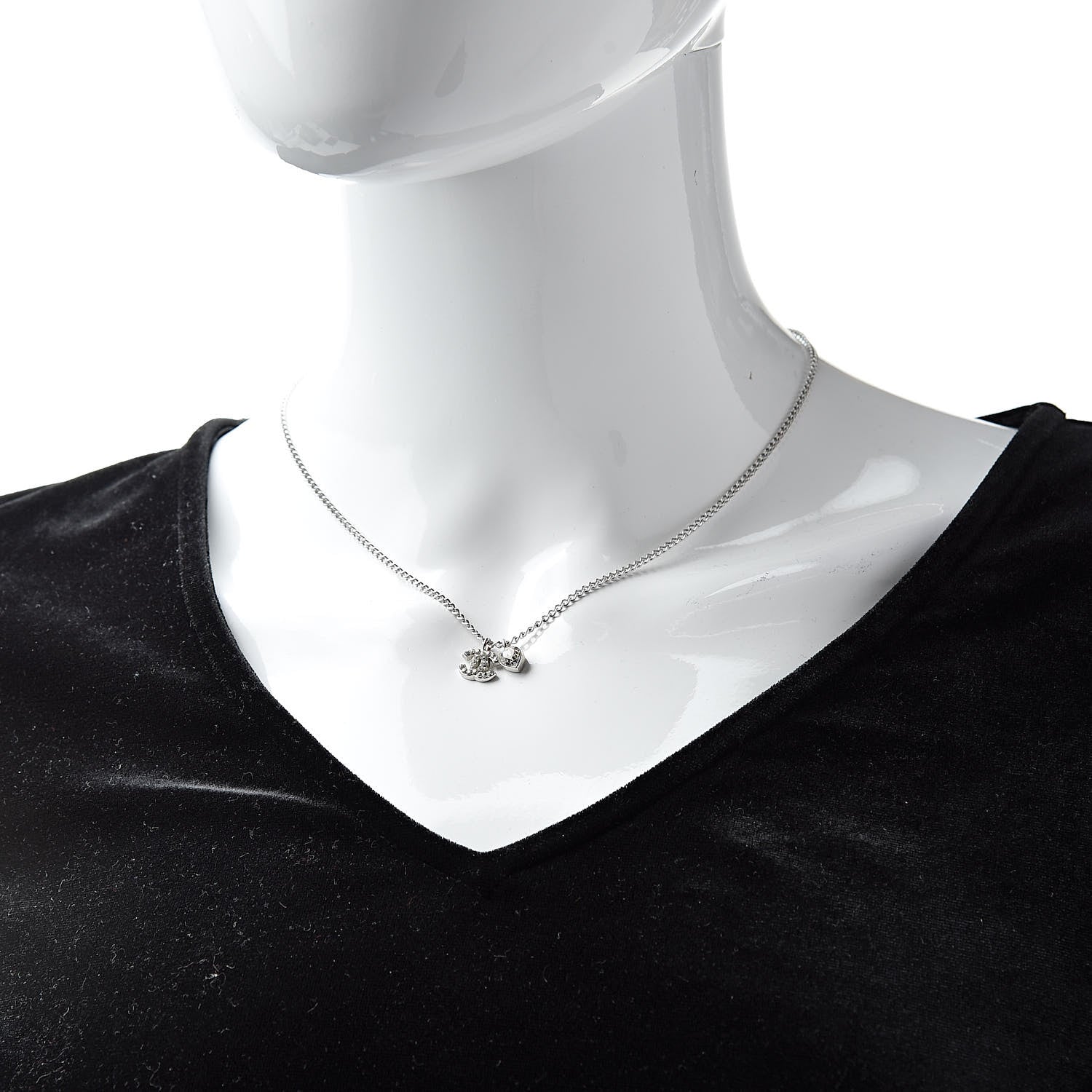Chanel Crystal Mini Heart CC Necklace Silver 2 of 6