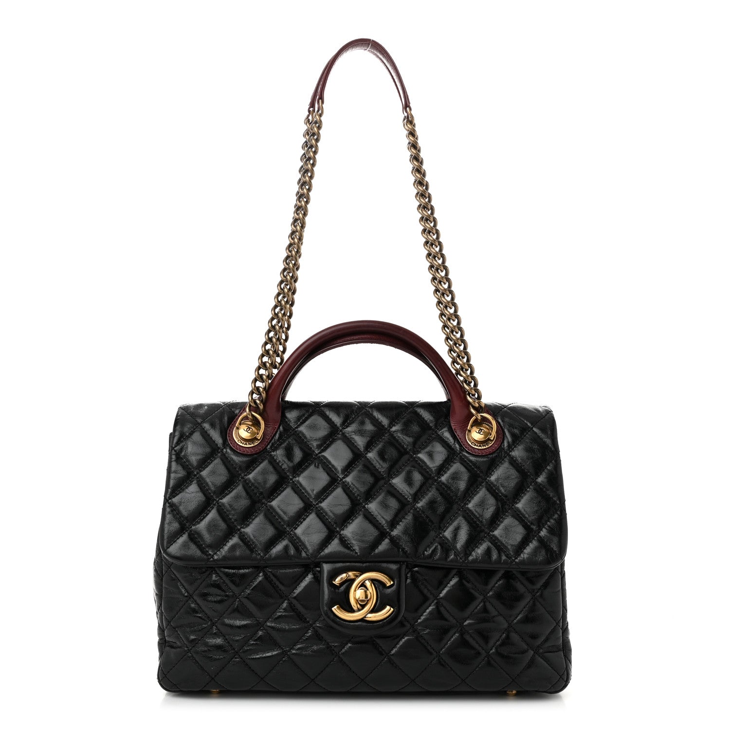 Chanel Glazed Calfskin Castle Rock Large Flap Black Burgundy 1 of 11