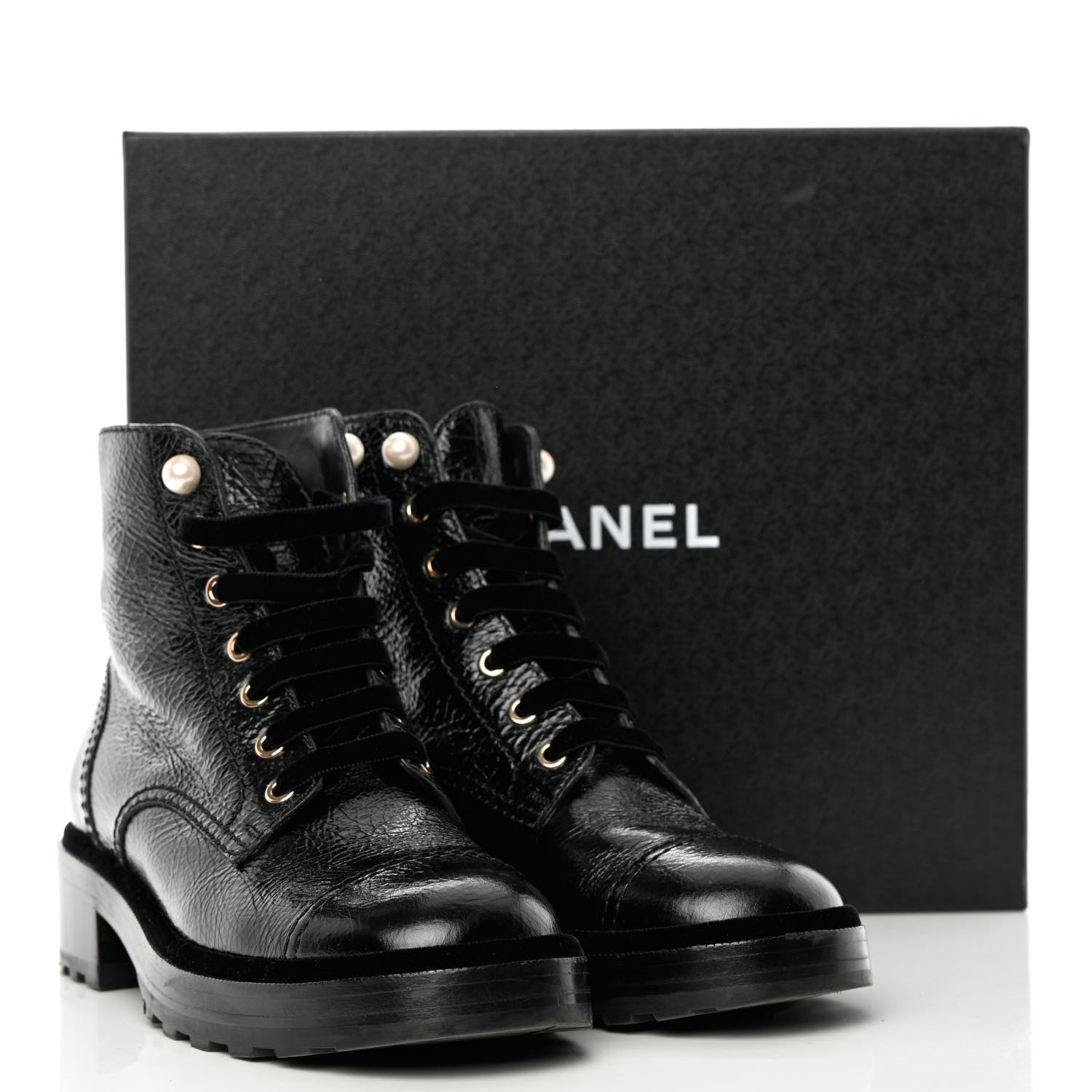 Chanel Shiny Calfskin Velvet Pearl Combat Short Boots 39 Black 8 of 8