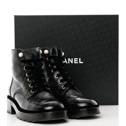 Chanel Shiny Calfskin Velvet Pearl Combat Short Boots 39 Black 8 of 8