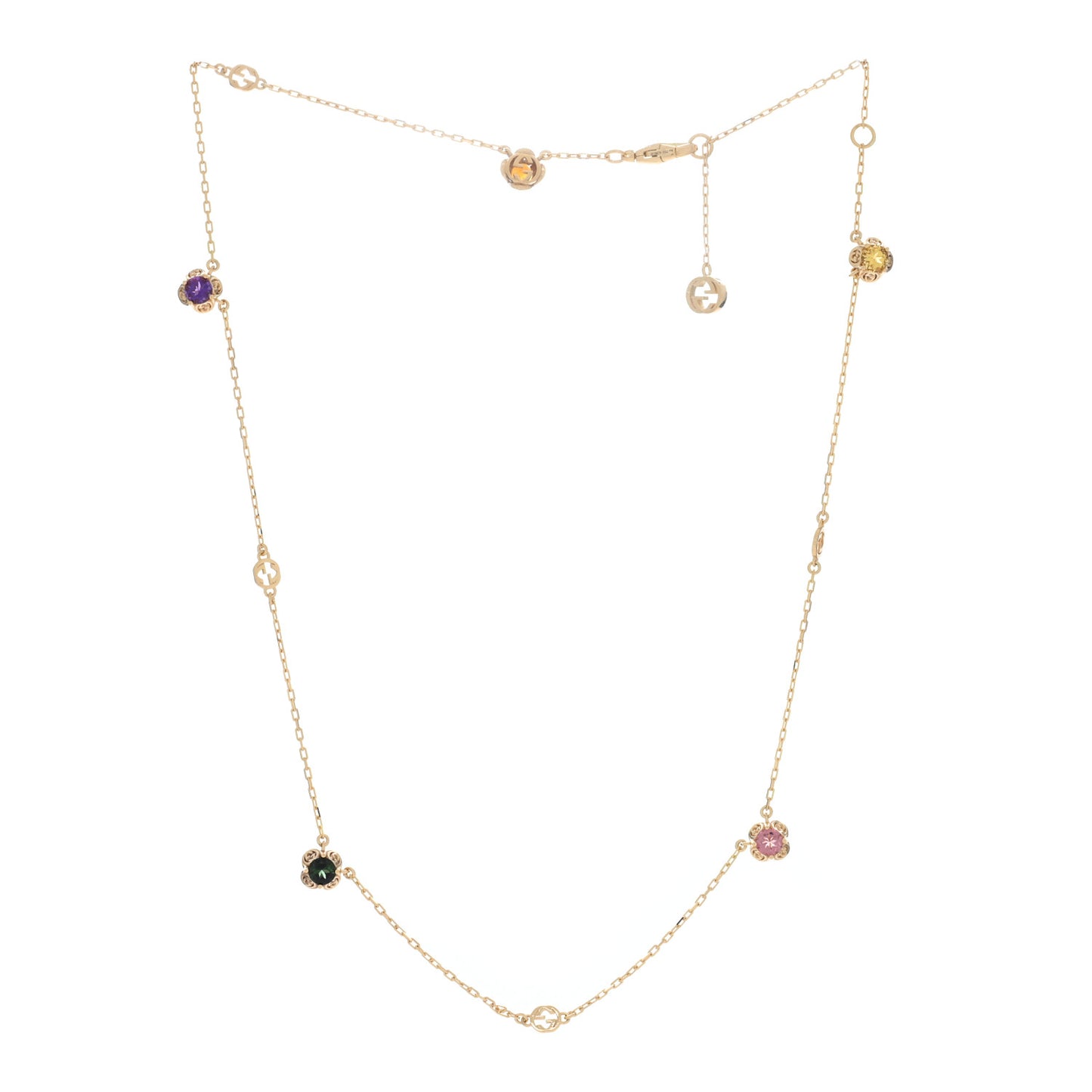 18K Yellow Gold Green Beryl Amethyst Pink Tourmaline Citrine GG Station Rainbow Gemstone Necklace