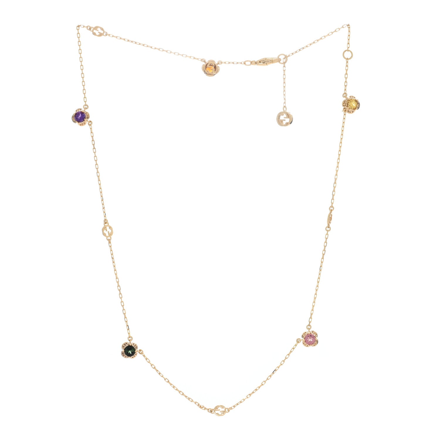 Gucci 18K Yellow Gold Green Beryl Amethyst Pink Tourmaline Citrine GG Station Rainbow Gemstone Necklace 2 of 4