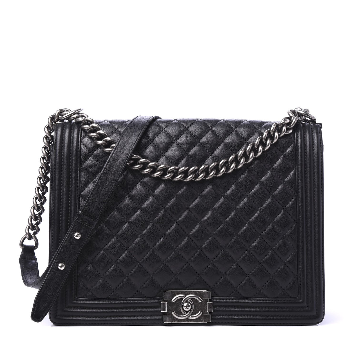 Calfskin Quilted Large Boy Flap Black