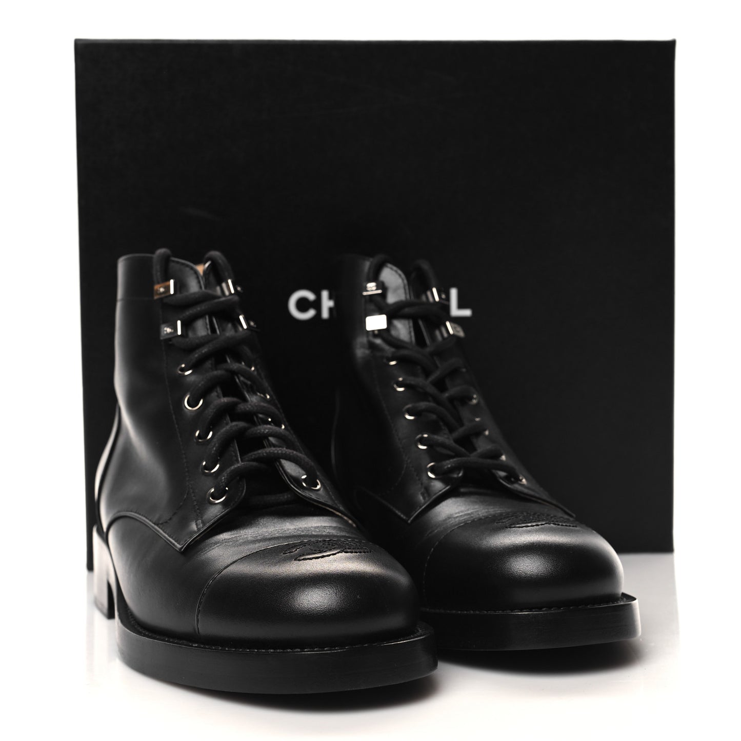 Calfskin Lace Up CC Combat Boots 40.5 Black