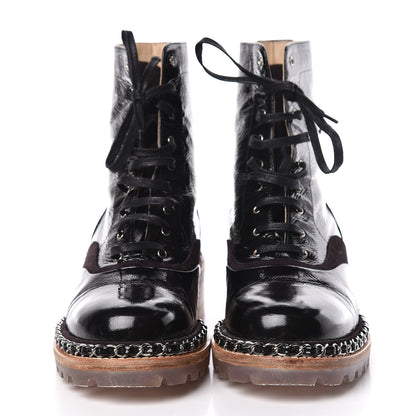 Chanel Patent Suede Calfskin Lace Up Short Boots 36 Black Dark Brown 2 of 13