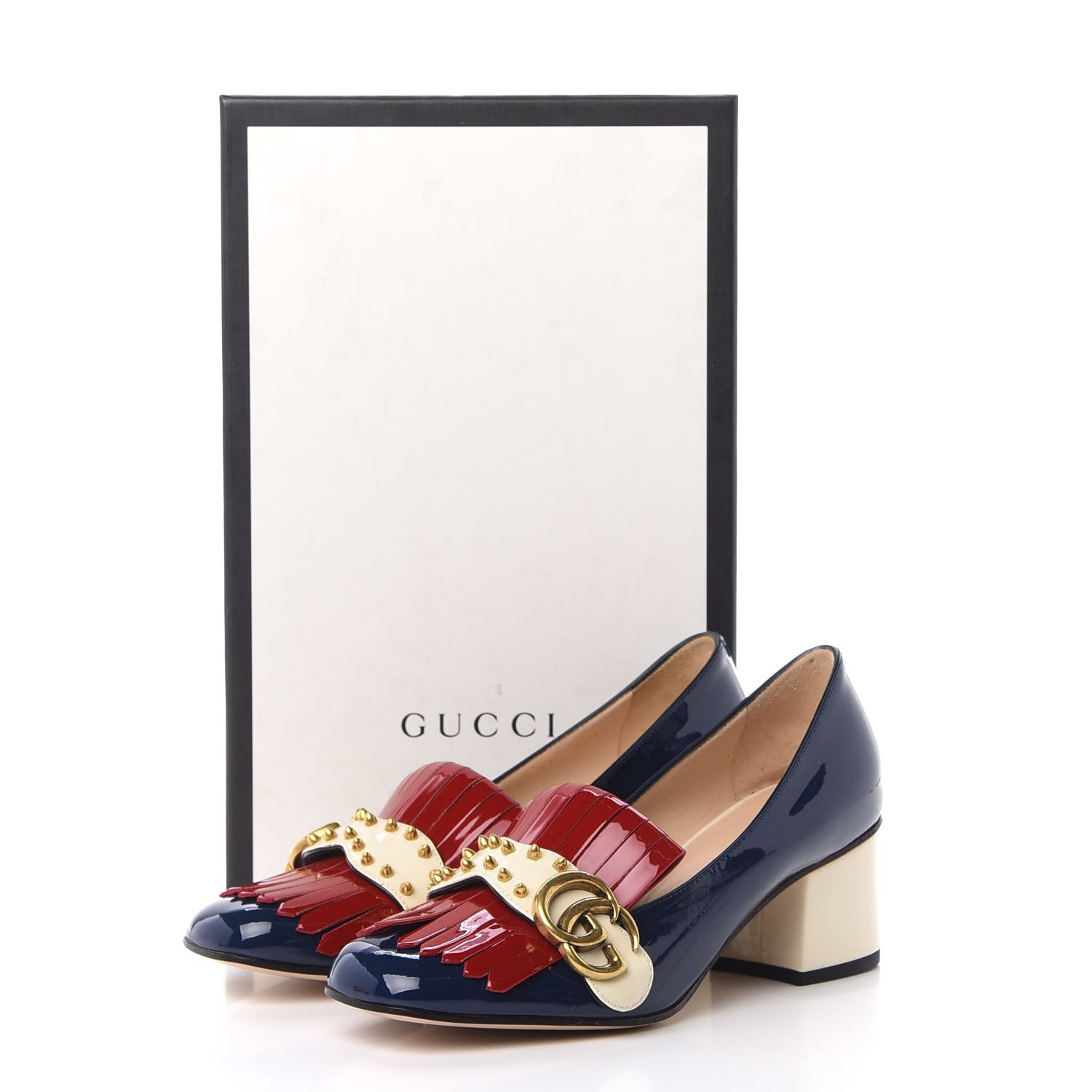 Gucci Vernice Studded GG Marmont Fringe 50mm Loafer Pumps 37 Blue