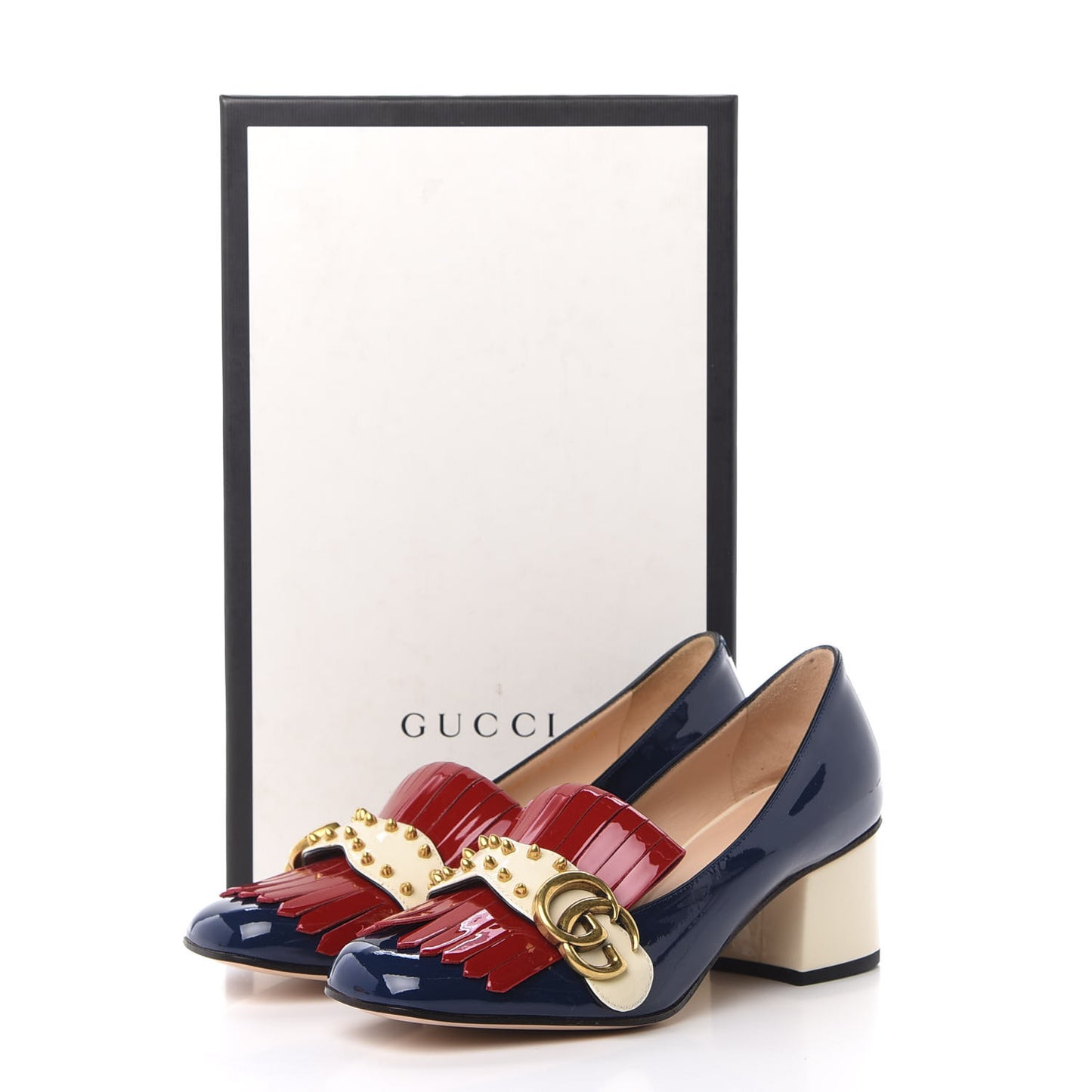 Vernice Studded GG Marmont Fringe 50mm Loafer Pumps 37 Blue Agata Hibiscus Red Mystic White