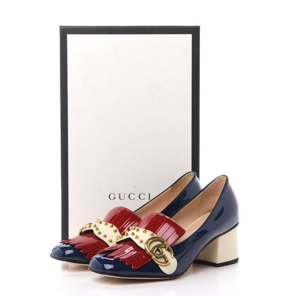 Gucci Vernice Studded GG Marmont Fringe 50mm Loafer Pumps 37 Blue Agata Hibiscus Red Mystic White 9 of 9