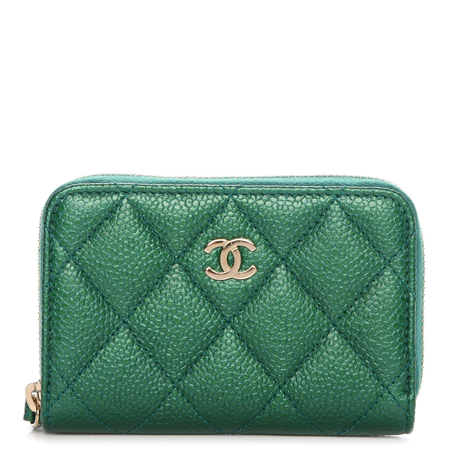 Chanel Metallic Caviar Quilted Zip Coin Purse Green 1 of 8