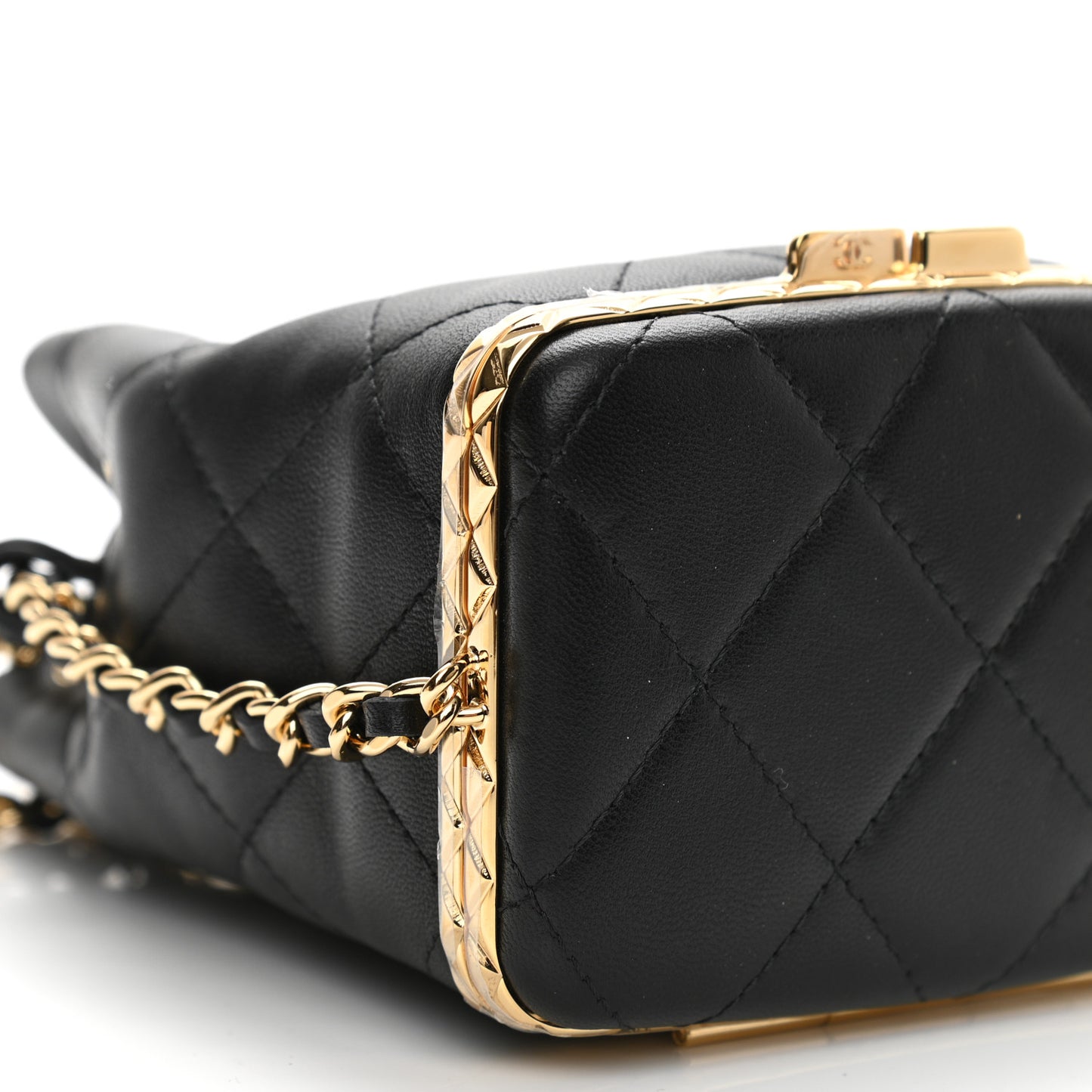 Metal Lambskin Quilted Small Chain Bucket Bag Black
