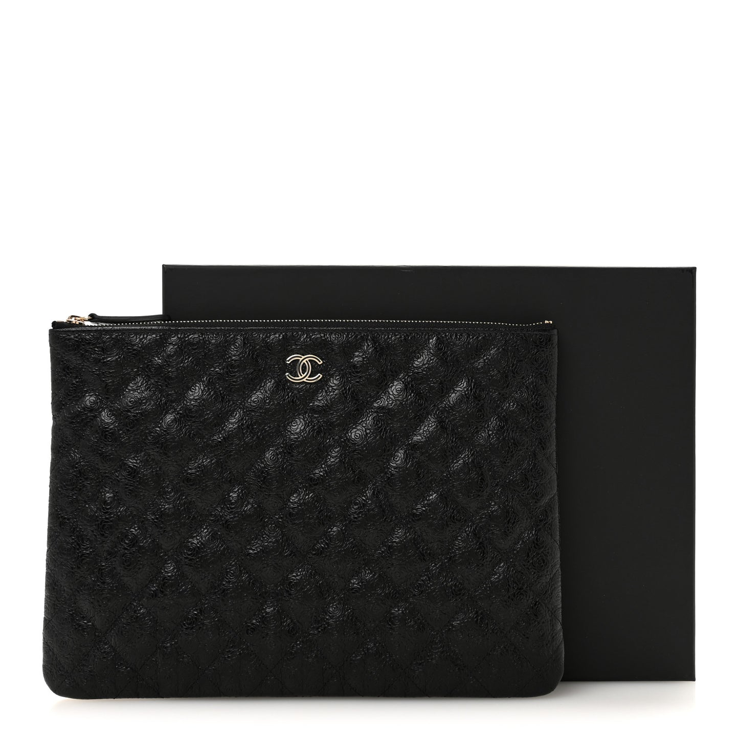 Calfskin Camellia Embossed Quilted Medium Cosmetic Case Black