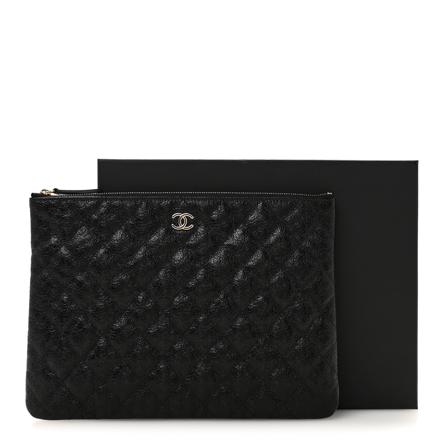 Chanel Calfskin Camellia Embossed Quilted Medium Cosmetic Case Black 8 of 8