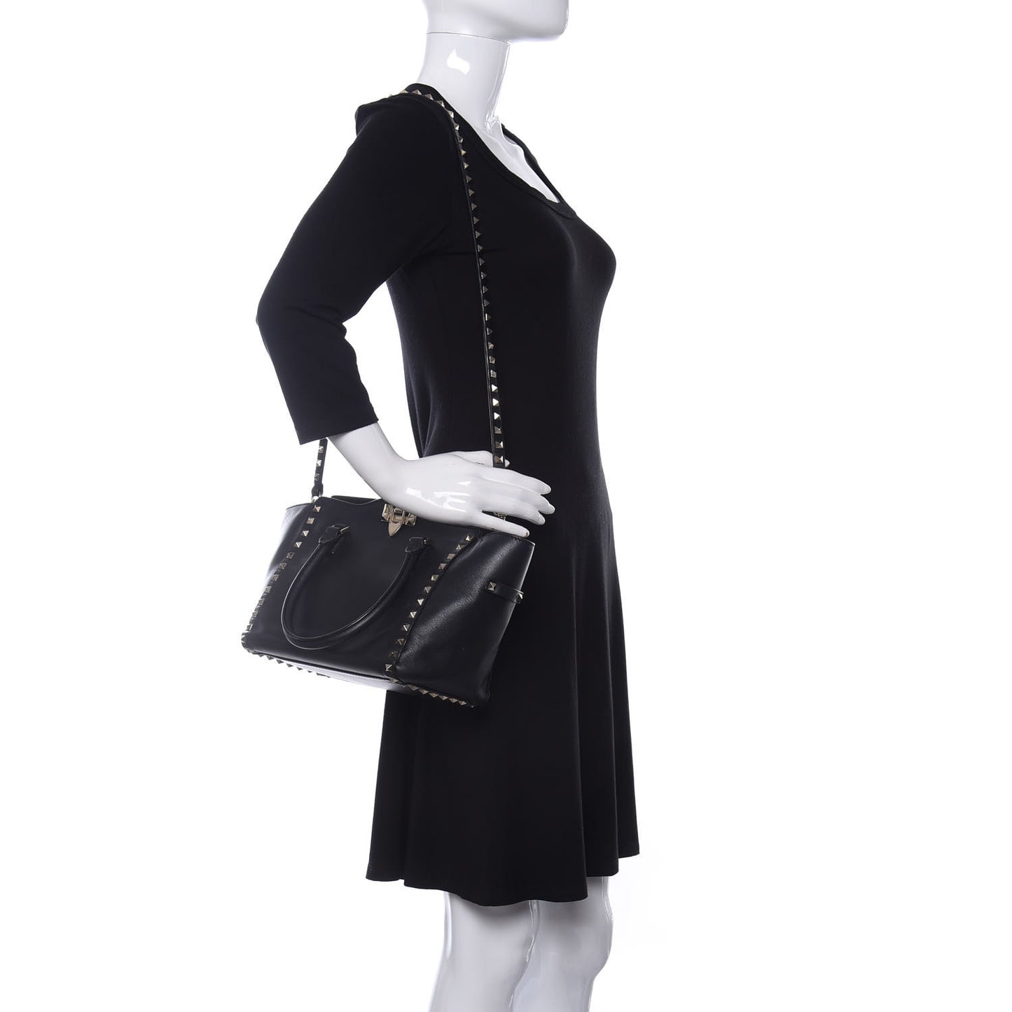Vitello Small Rockstud Double Handle Tote Black