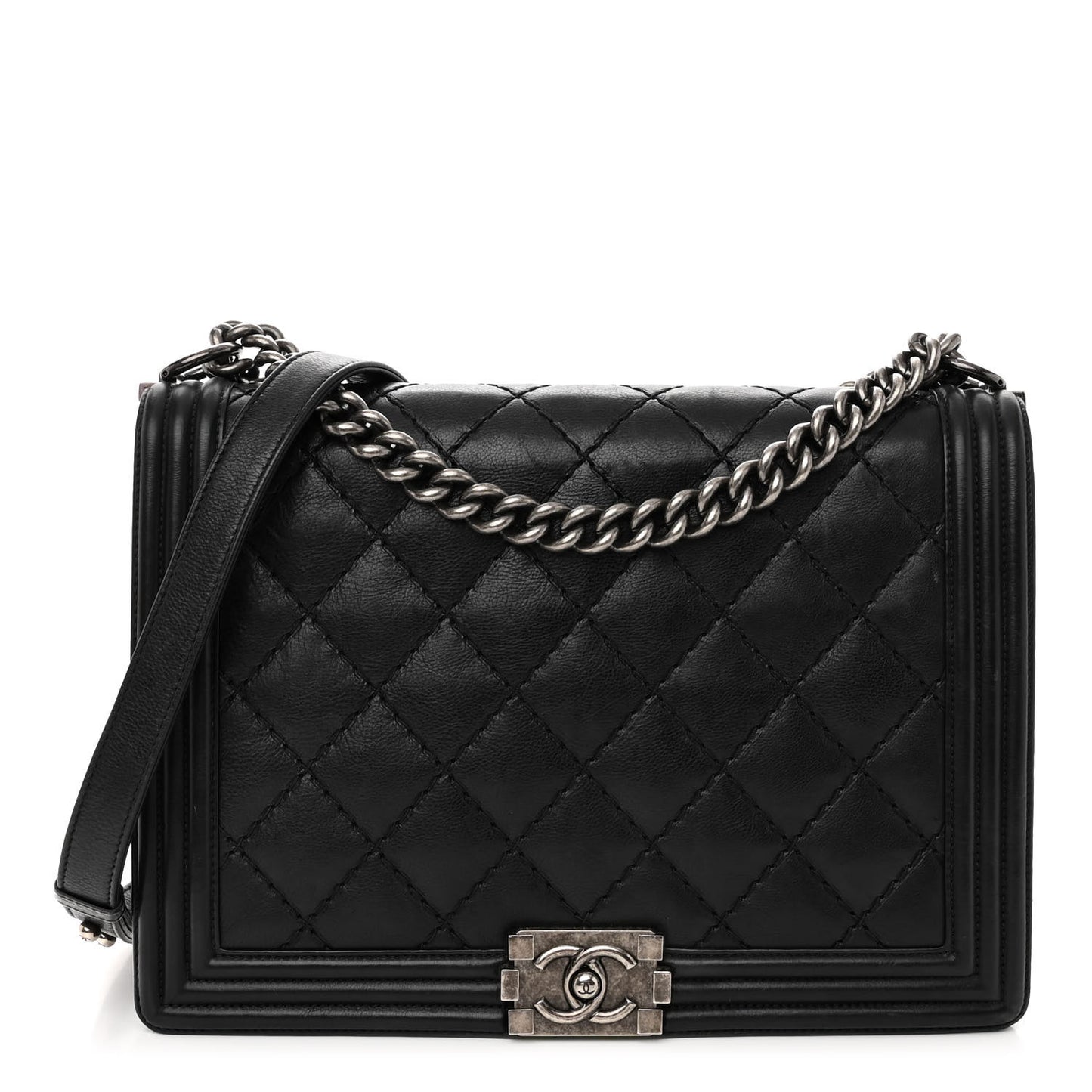 Calfskin Double Stitch Large Boy Flap Black