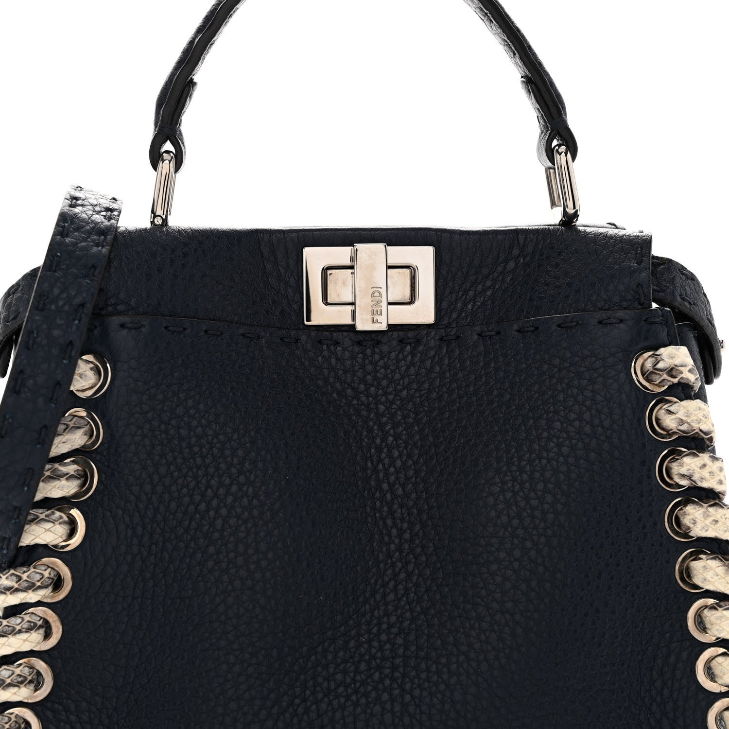 Fendi Cuoio Romano Selleria Elaphe Lace Up Mini Peekaboo Iconic Satchel Blue Notte Natural 9 of 11