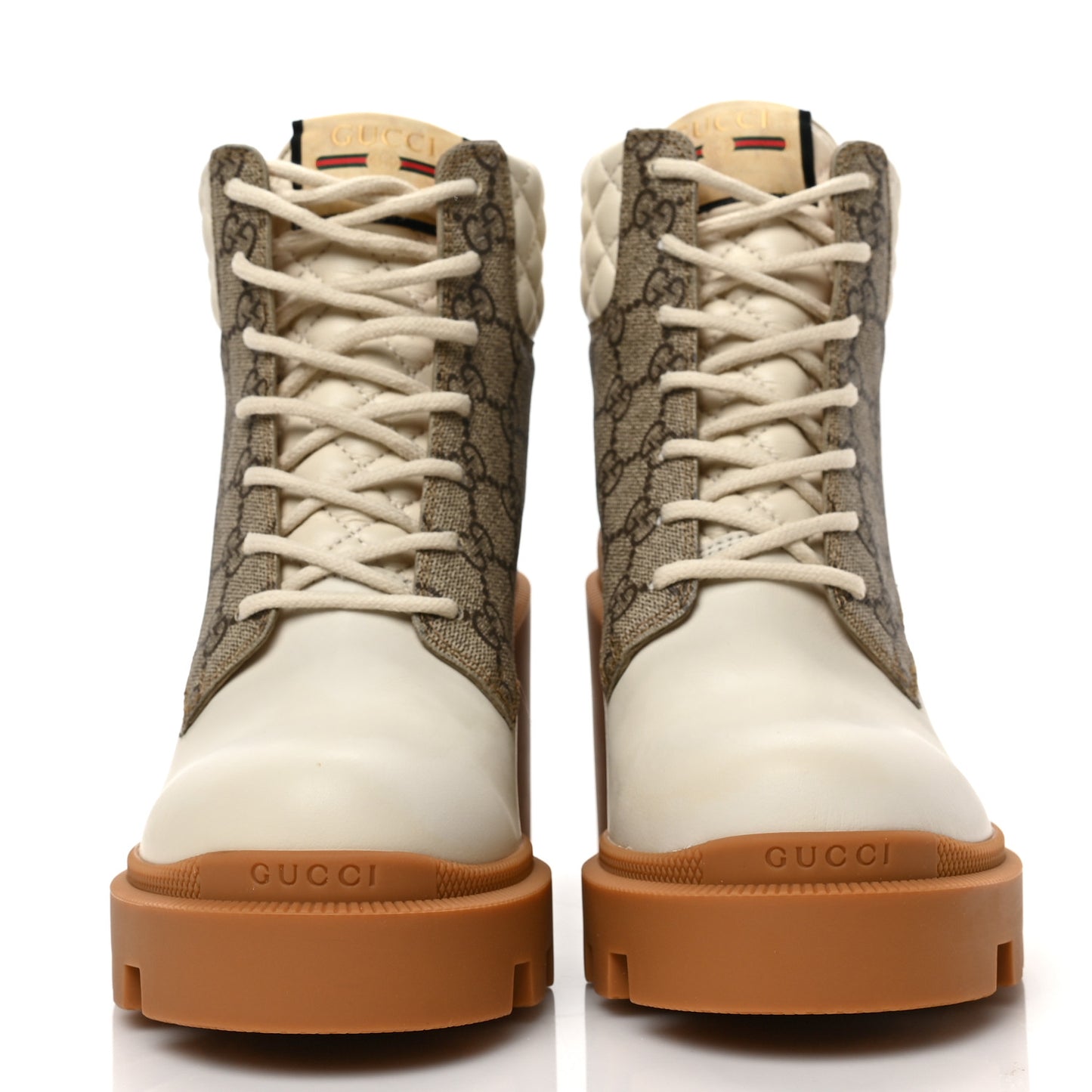 Calfskin GG Supreme Monogram Nappa Quilted Lace Up Ankle Boots 39.5 Mystic White Beige
