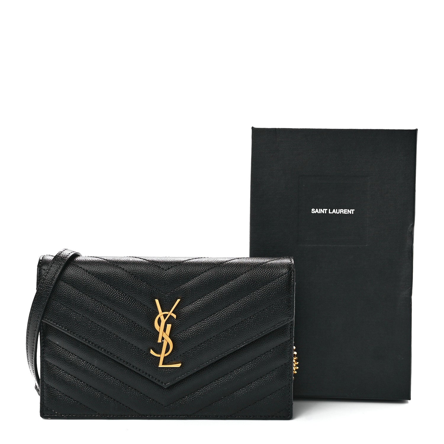 Saint Laurent Grain De Poudre Matelasse Chevron Monogram Envelope Chain Wallet Black 11 of 11