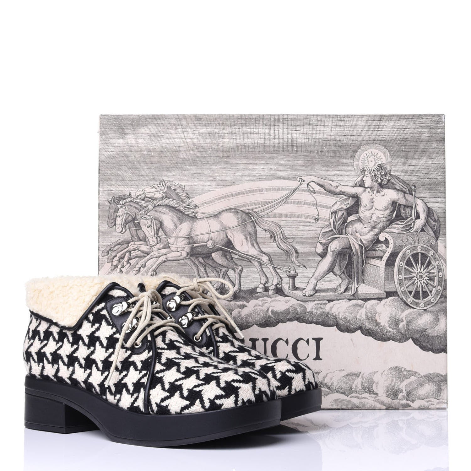 Gucci Optical Tweed Faux Shearling Houndstooth Victor Lace Up Ankle Boots 38.5 White Black 11 of 11