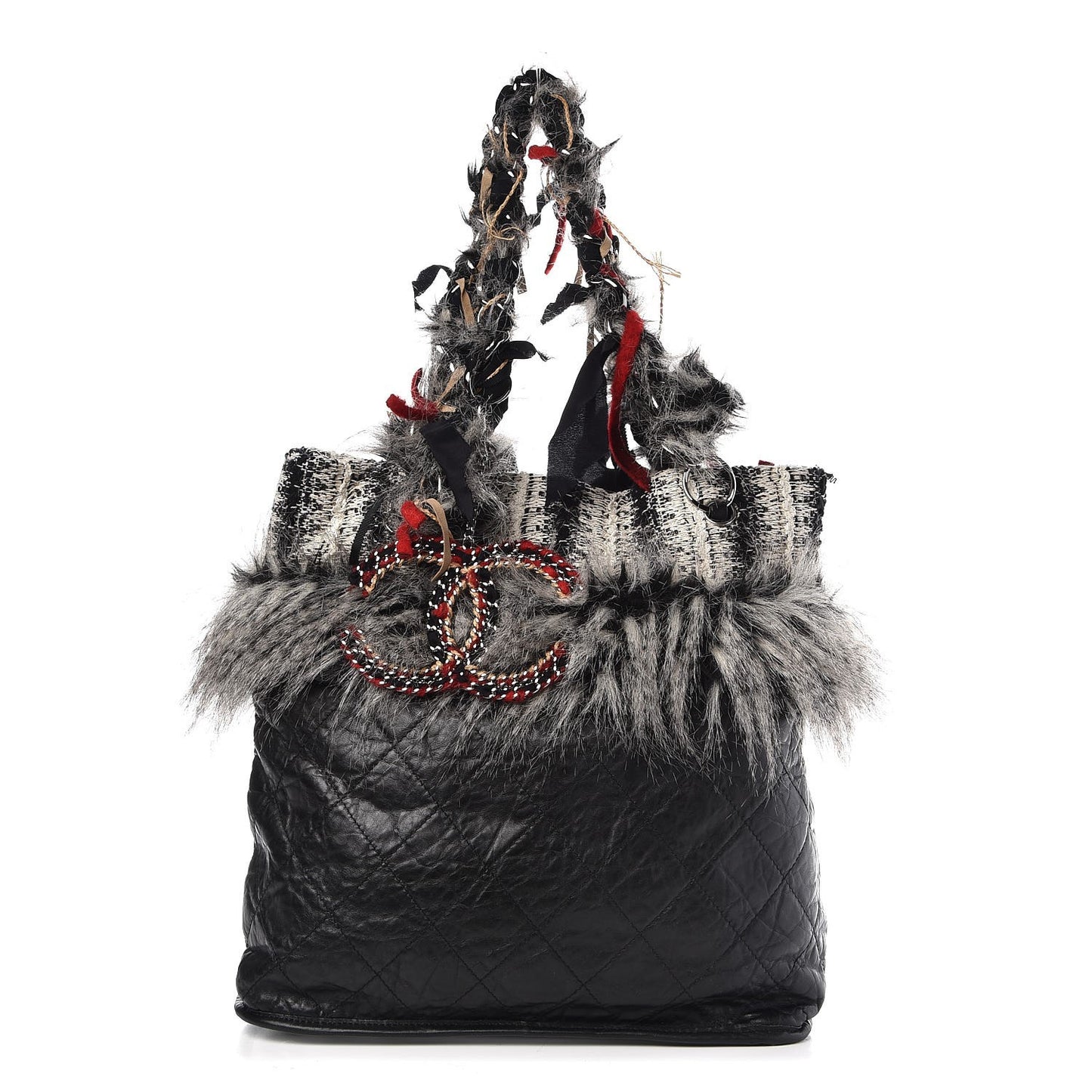 Aged Calfskin Tweed Inuit Fantasy Fur Tote Black