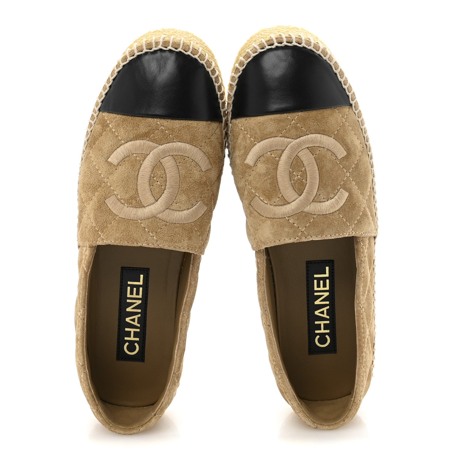Chanel Suede Quilted CC Platform Espadrilles 37 Beige Black 2 of 9