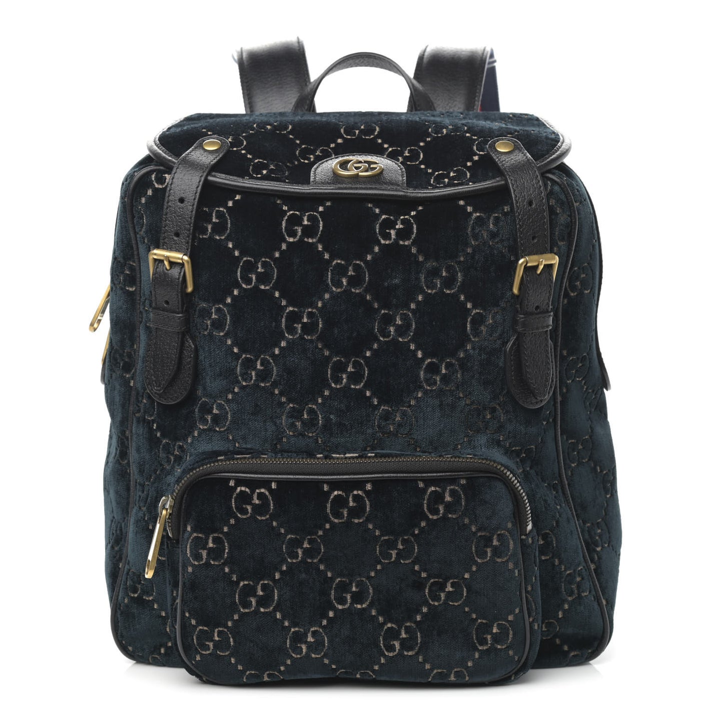 Velvet GG Monogram Textured Calfskin Web Small Double Buckle Backpack Blue Beige Black