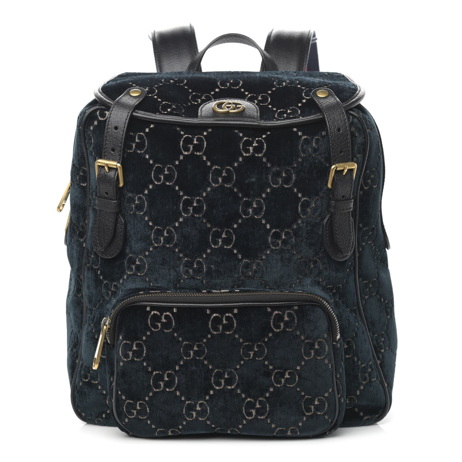 Gucci Velvet GG Monogram Textured Calfskin Web Small Double Buckle Backpack Blue Beige Black 1 of 11