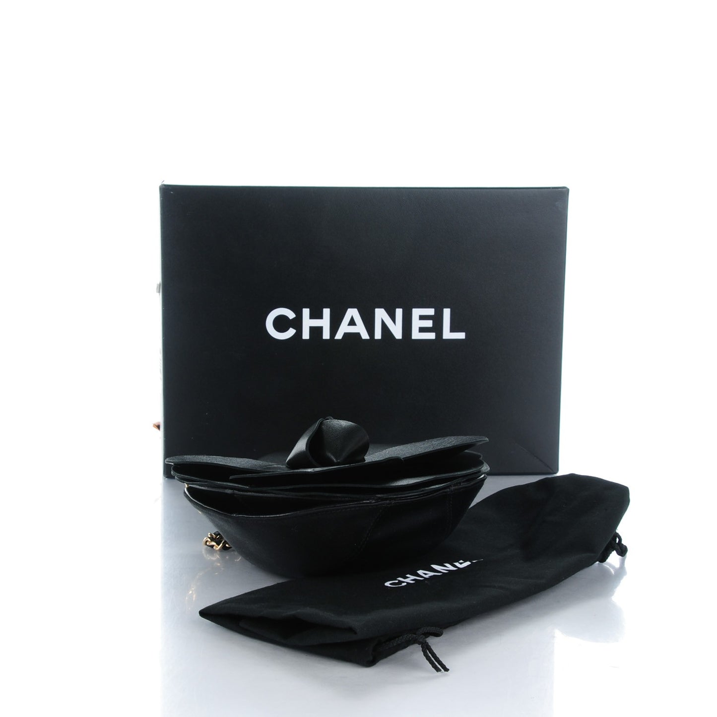 Lambskin Satin Camellia Evening Bag Black