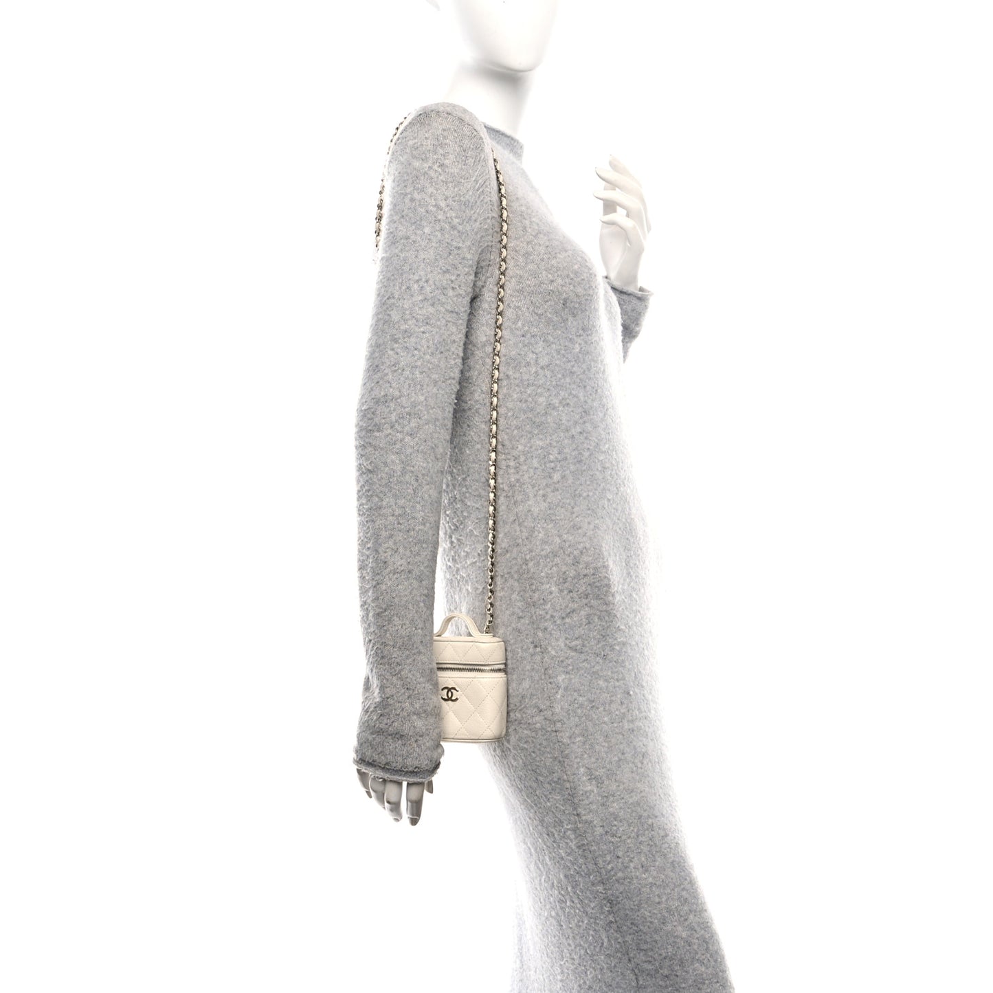 Caviar Quilted Small Handle With Care Vanity Case With Chain White