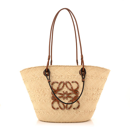 Loewe Calfskin Raffia Paulas Ibiza Medium Anagram Basket Tote Bag Natural Tan 1 of 10