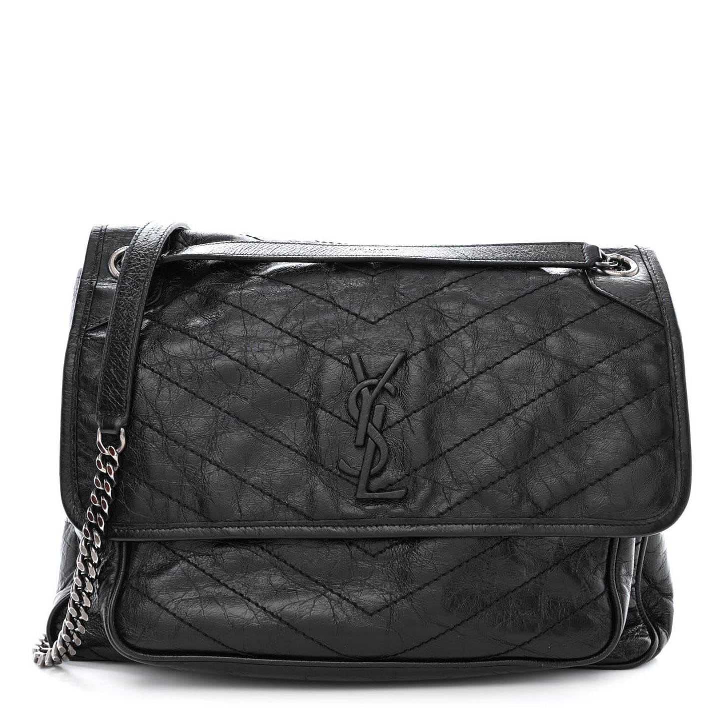 Crinkled Calfskin Matelasse Monogram Large Niki Chain Satchel Black