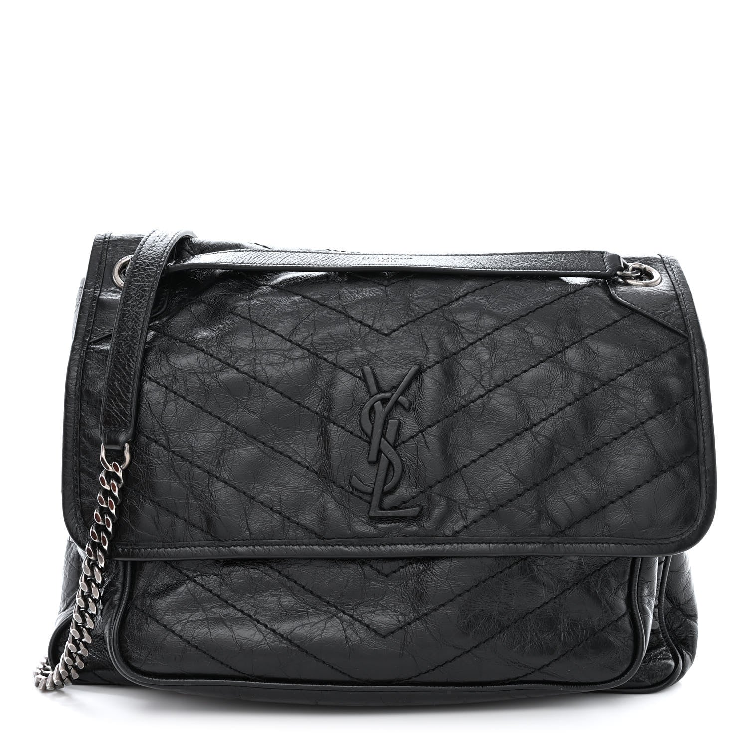 Saint Laurent Crinkled Calfskin Matelasse Monogram Large Niki Chain Satchel Black 1 of 11