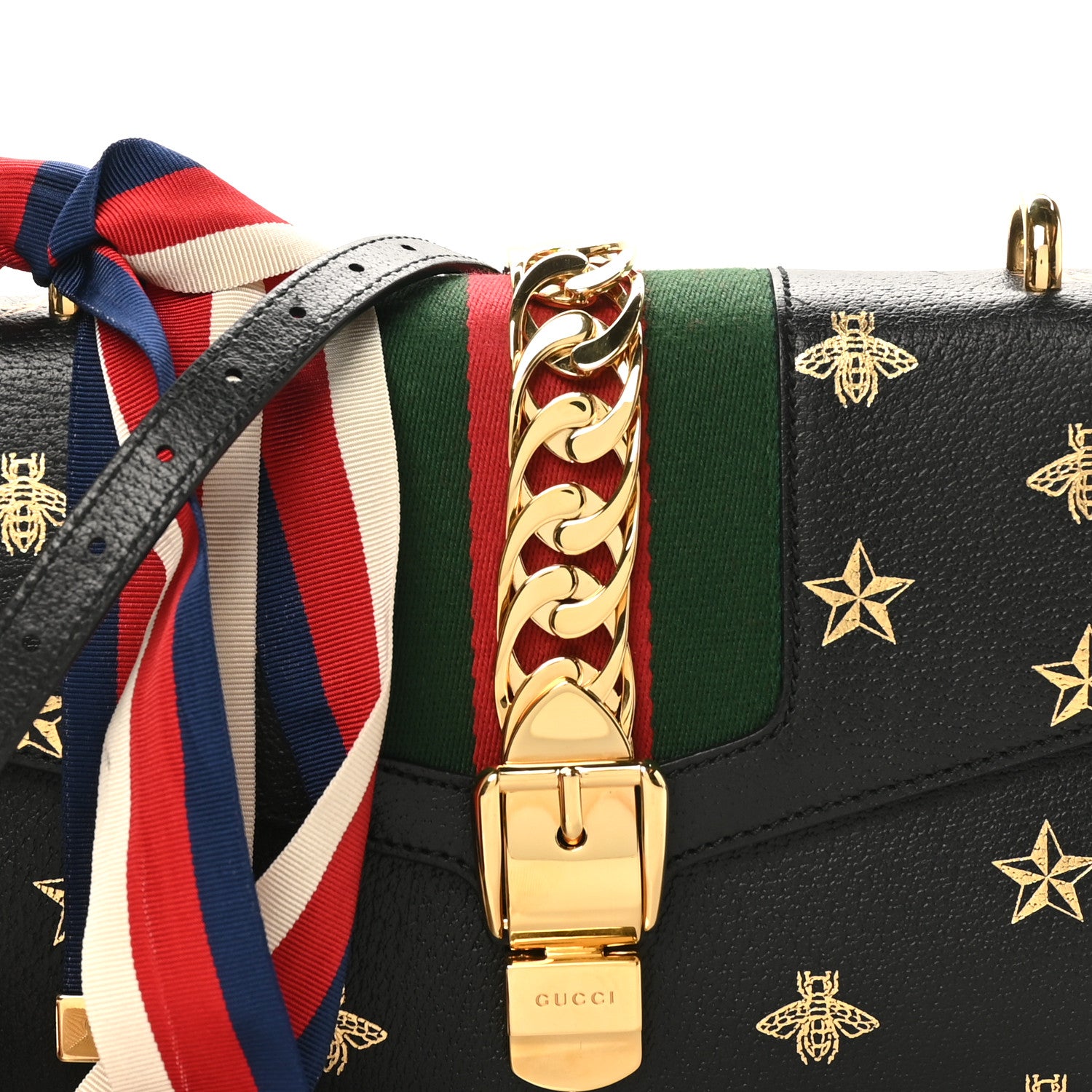 Gucci Textured Calfskin Bee Star Print Small Sylvie Shoulder Bag Black 8 of 10