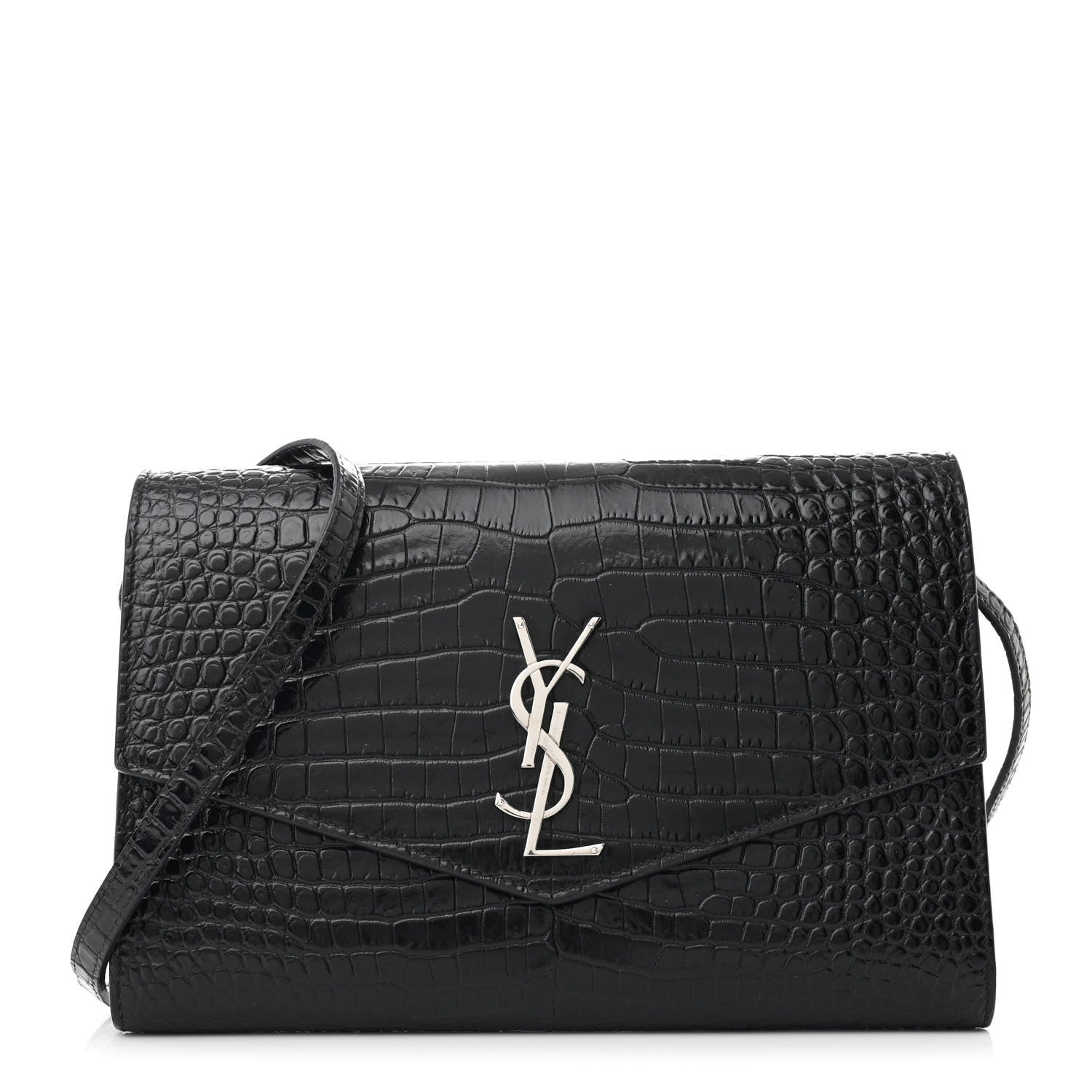 Saint Laurent Calfskin Crocodile Embossed Monogram Uptown Crossbody Black 1 of 15