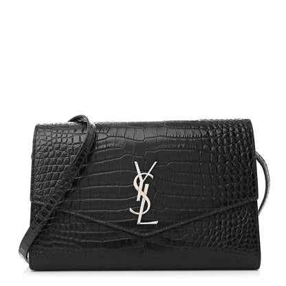 Saint Laurent Calfskin Crocodile Embossed Monogram Uptown Crossbody Black 1 of 15