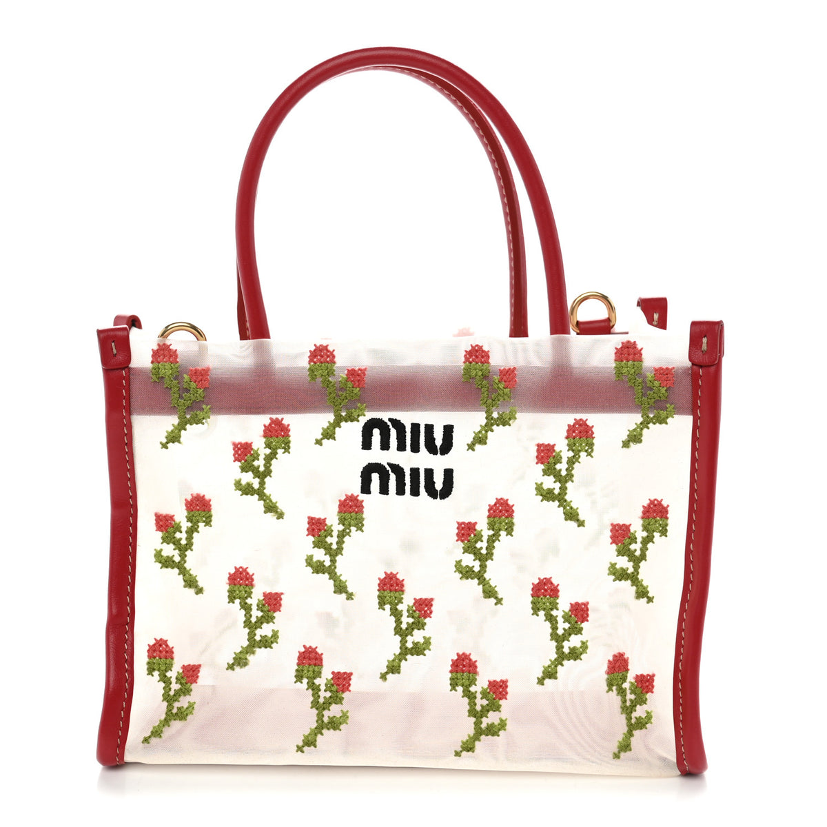 Miu Miu Nappa Embroidered Floral Mini Shopping Bag Rosso 1 of 10