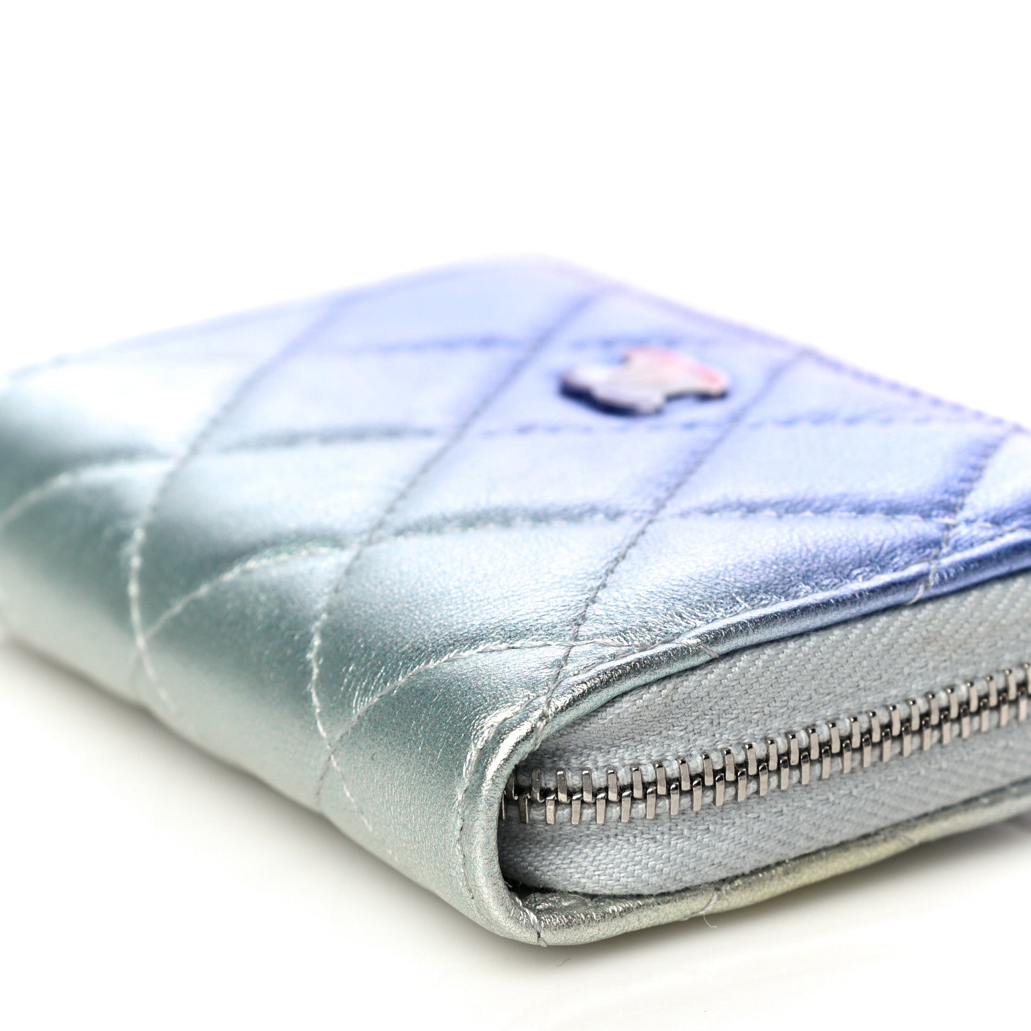 Chanel Gradient Metallic Calfskin Quilted Zip Around Coin Purse Wallet Silver Blue Yellow Purple 9 of 12