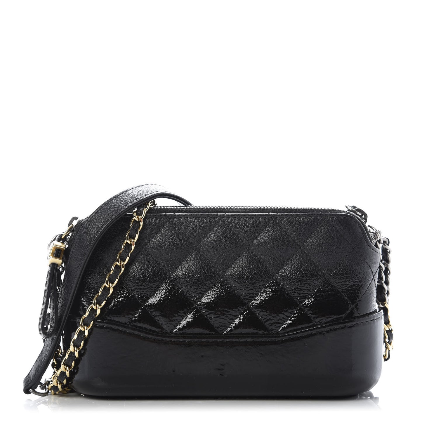 Patent Goatskin Quilted Small Gabrielle Clutch With Chain Black