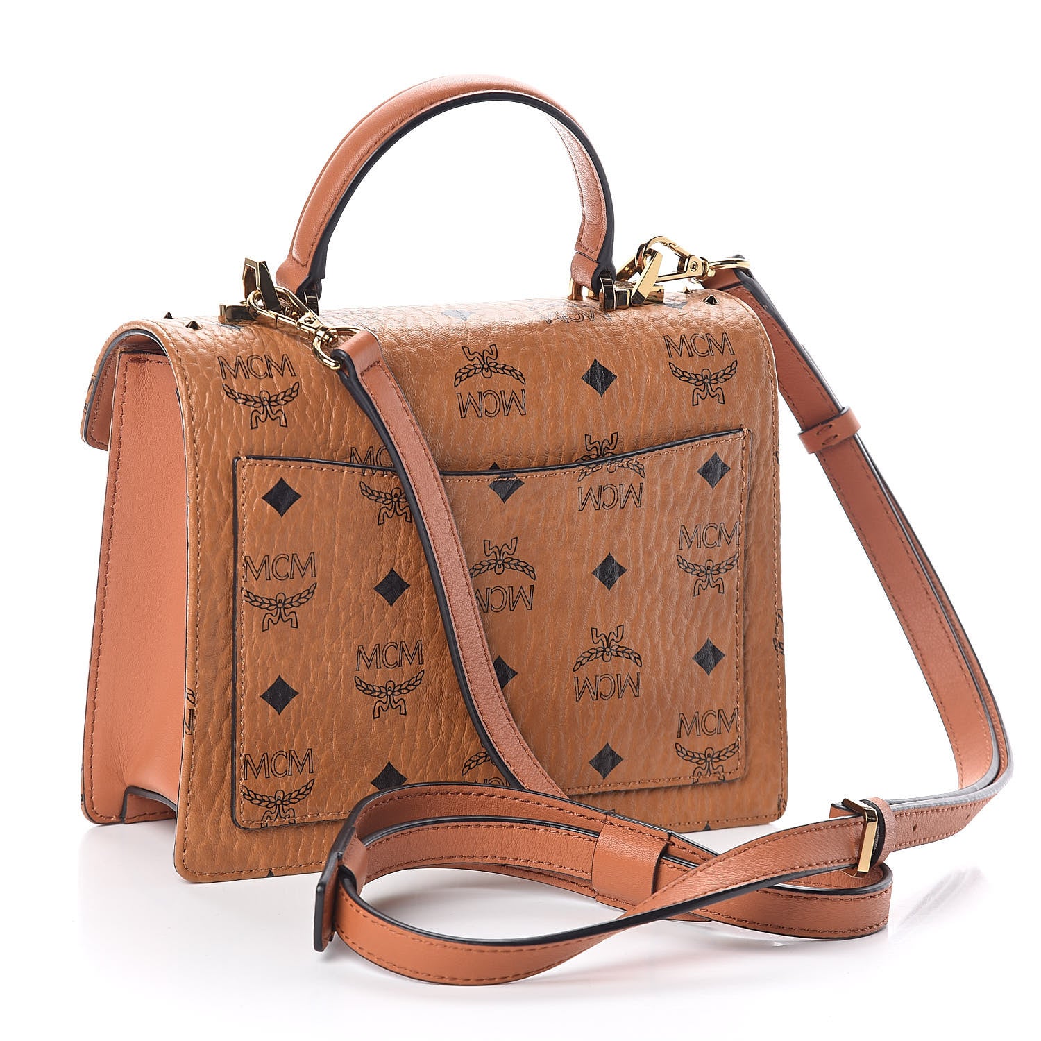 MCM Visetos Studded Small Patricia Satchel Cognac 3 of 8