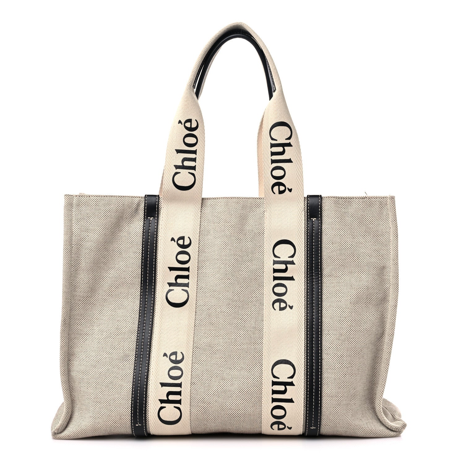 Chloe Cotton Calfskin Large Woody Ribbon Tote White Black 1 of 14