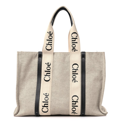 Chloe Cotton Calfskin Large Woody Ribbon Tote White Black 1 of 14