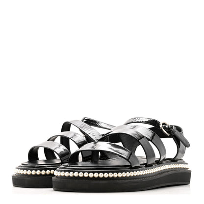 Chanel Patent Calfskin Pearl Platform Sandals 39 Black 4 of 12