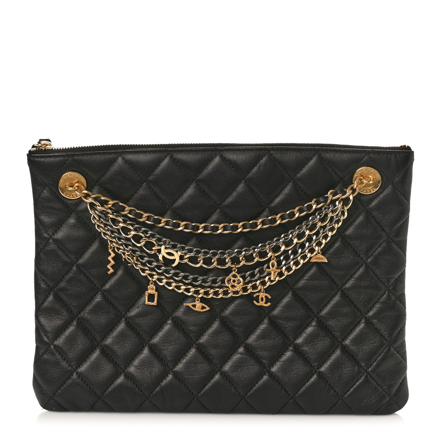 Lambskin Quilted Egyptian Amulet Zipped Pouch Black