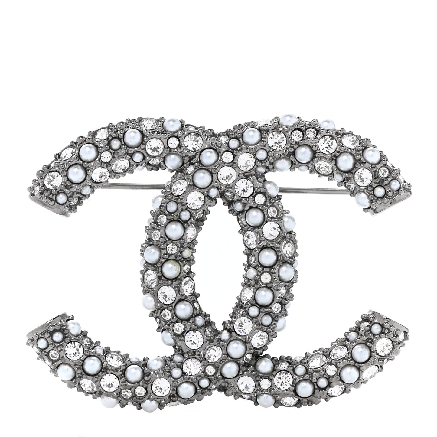 Crystal Pearl Caviar CC Brooch Silver