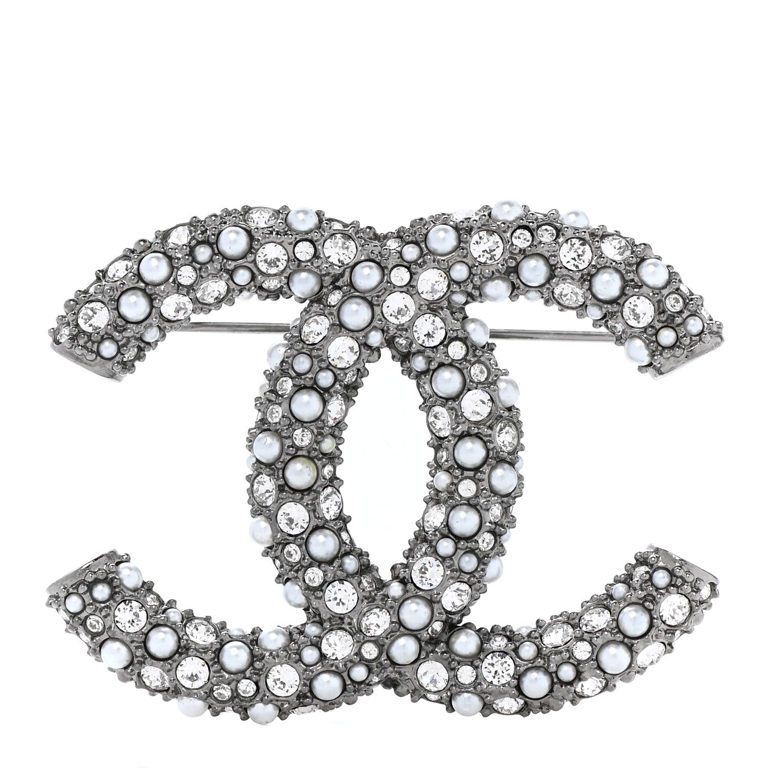 Chanel Crystal Pearl Caviar CC Brooch Silver 1 of 5